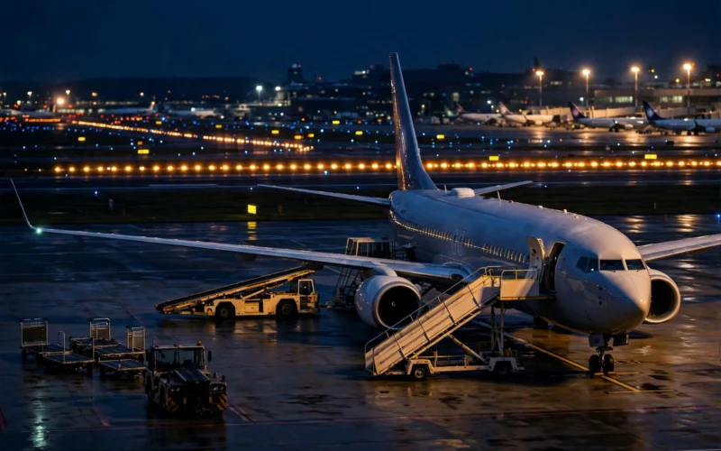 Airport tarmac at night with a parked passenger jet at the gate under glowing runway lights.