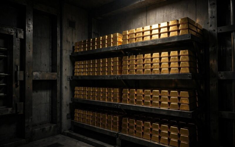 Gold bars stacked in a bank vault