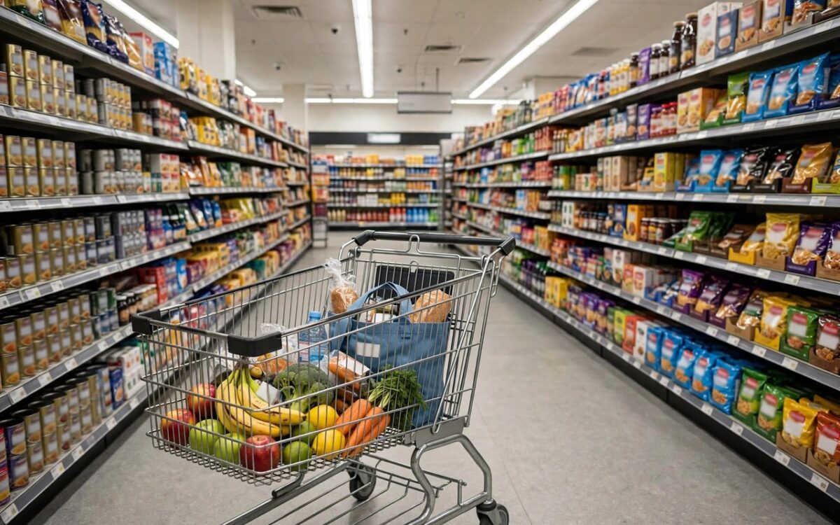 Shopping cart in a supermarket aisle