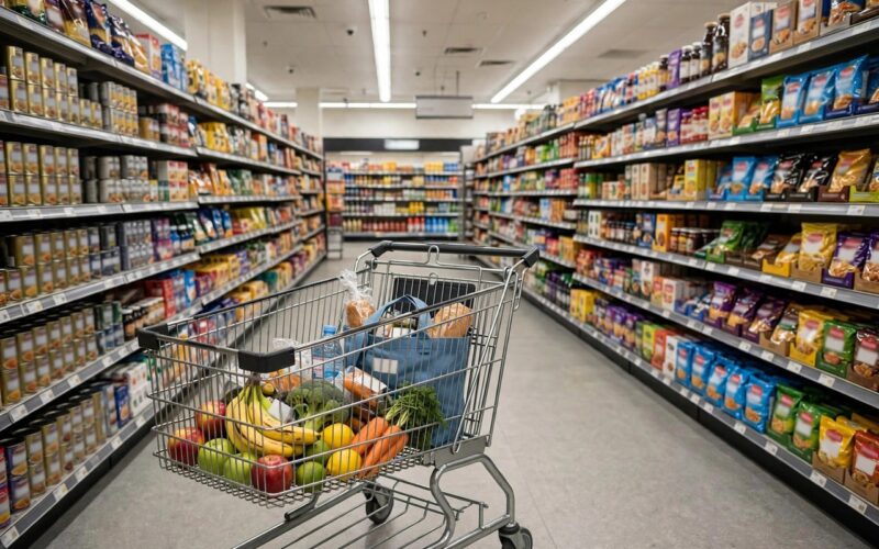 Shopping cart in a supermarket aisle