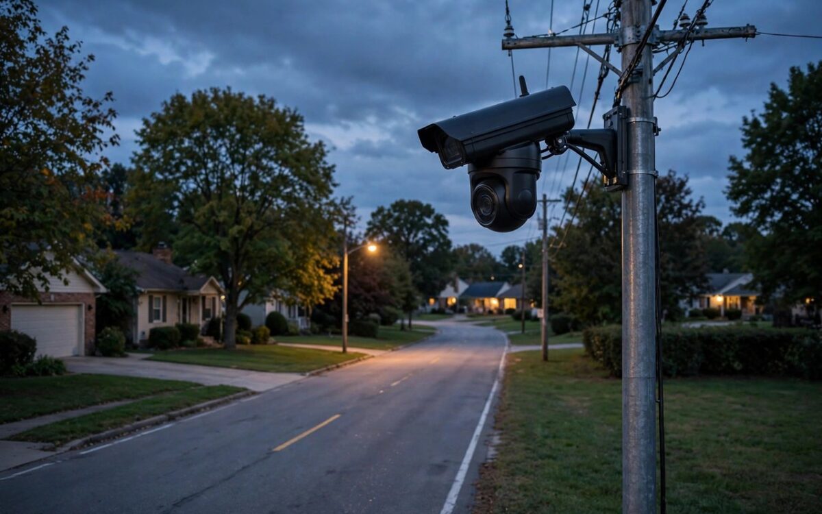Pole-mounted surveillance camera on a suburban road