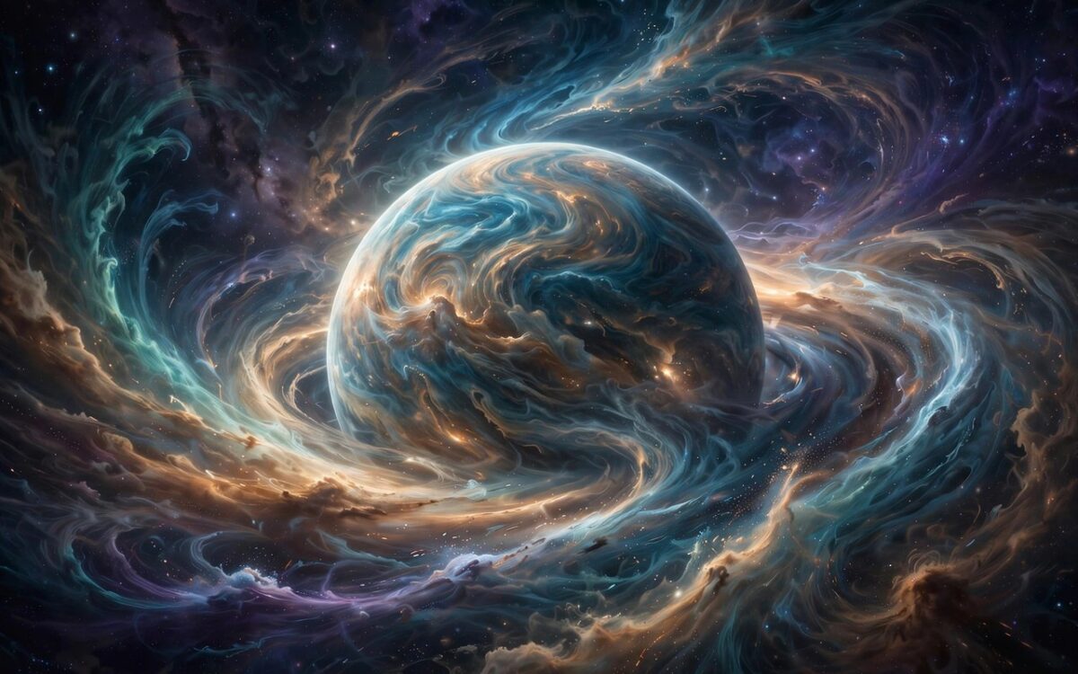 Artistic rendering of a newborn giant planet with gas swirls