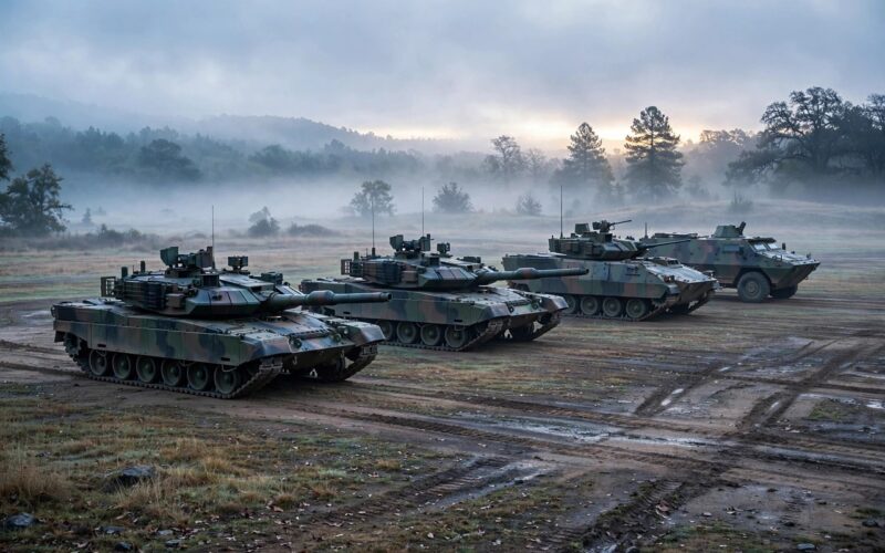 Military tanks in formation on a training ground