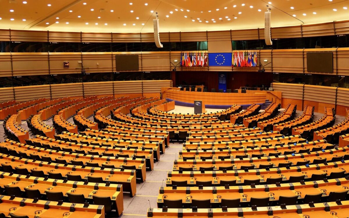 European parliament chamber with empty seats