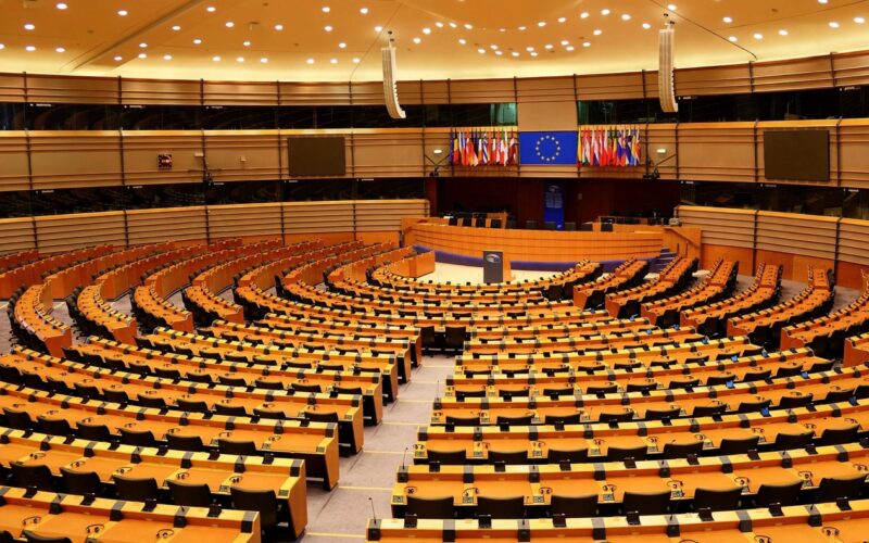 European parliament chamber with empty seats