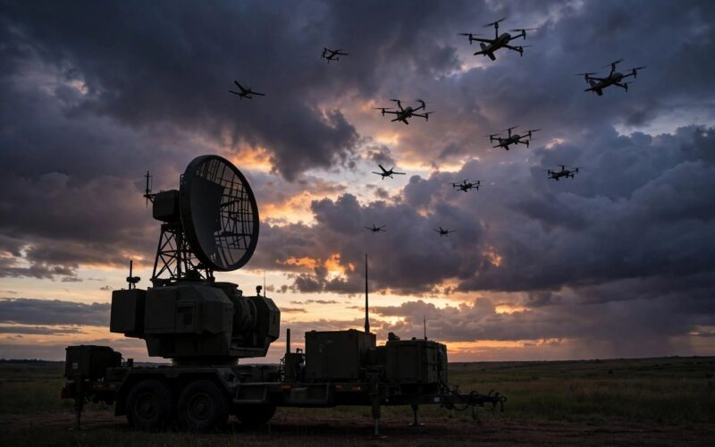 Air defense radar silhouetted against a cloudy sky