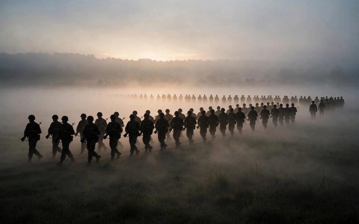 Silhouettes of soldiers marching in a misty field