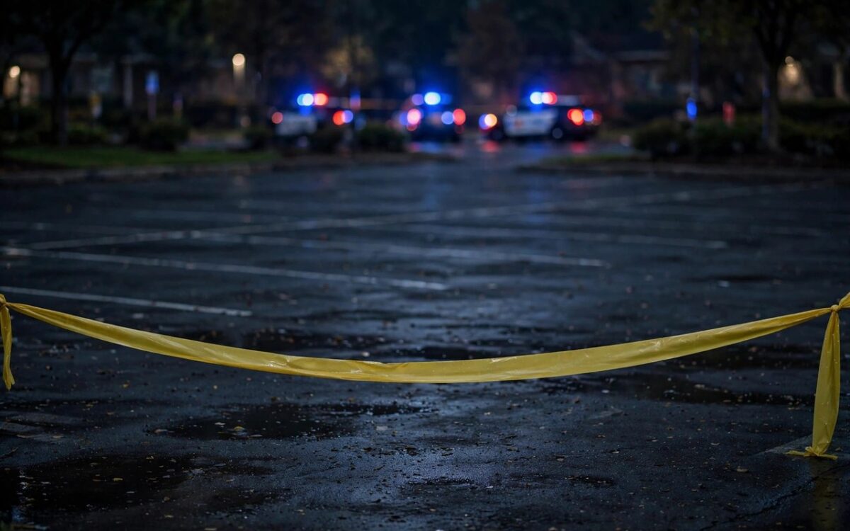 Police crime scene tape in an empty parking lot at night