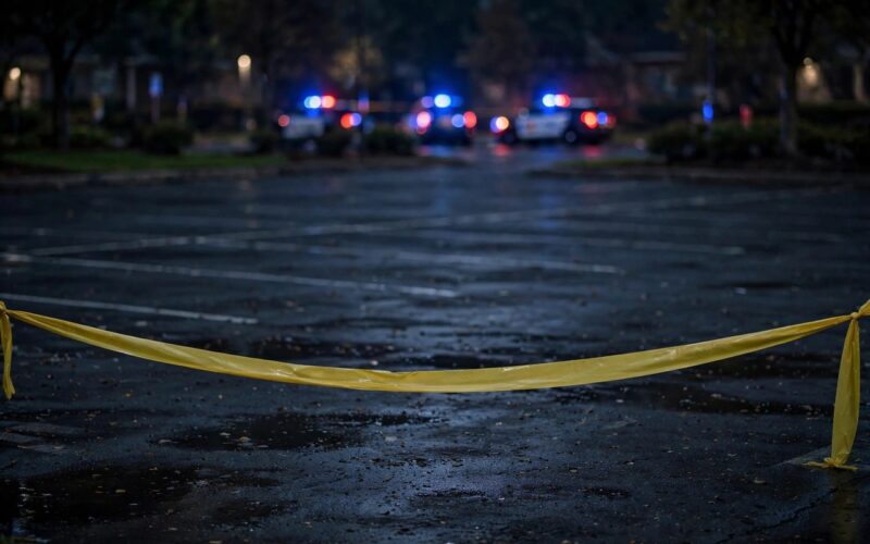Police crime scene tape in an empty parking lot at night