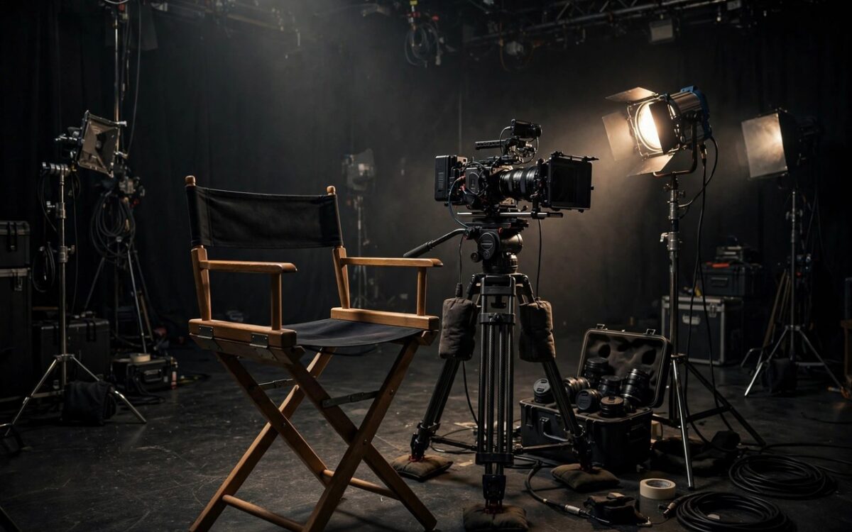Film director's chair and camera on a studio set