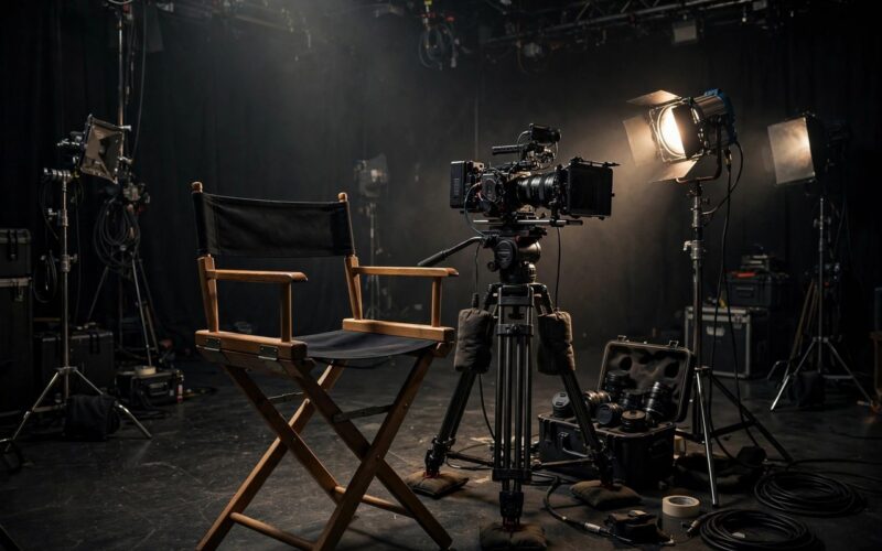 Film director's chair and camera on a studio set