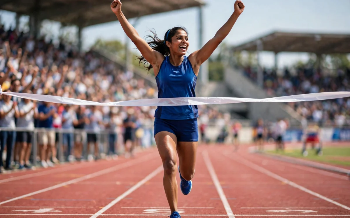 A female sprinter in blue crossing the finish line in a packed athletics stadium.