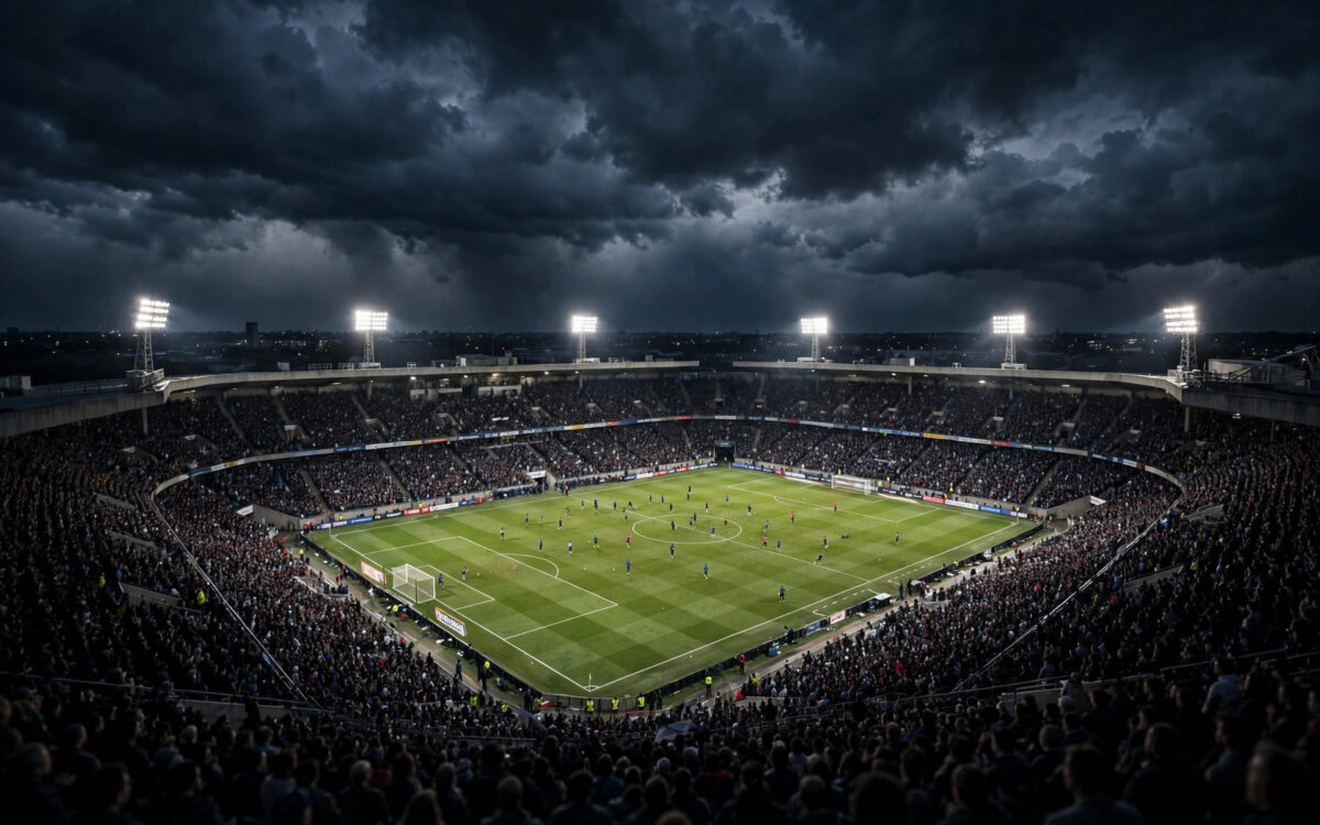 Floodlit football stadium at night with players warming up on the pitch