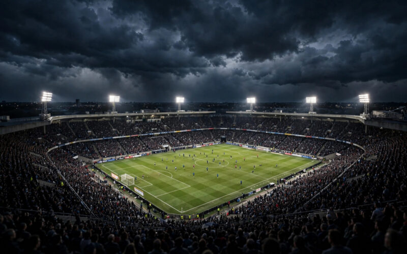 Floodlit football stadium at night with players warming up on the pitch