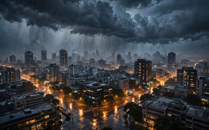 Heavy monsoon rain over a city skyline during an IMD red alert
