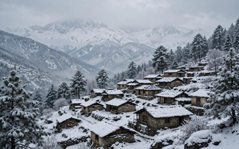 Snow-covered Himalayan landscape in Lahaul-Spiti after the season's first snowfall