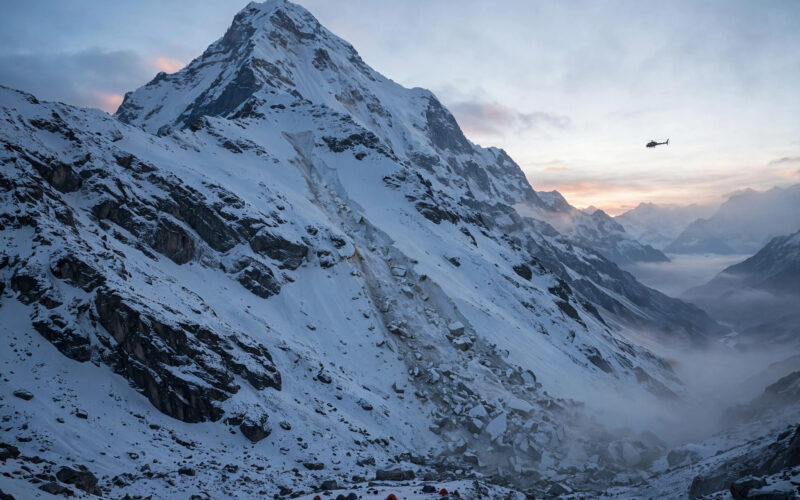 Himlung Himal peak at dawn showing an avalanche scar above the base camp