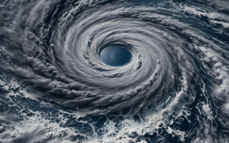 Satellite-style view of Hurricane Nolo swirling over the Pacific near Hawaii