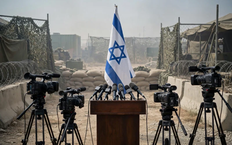 Israeli officials addressing media at a military briefing