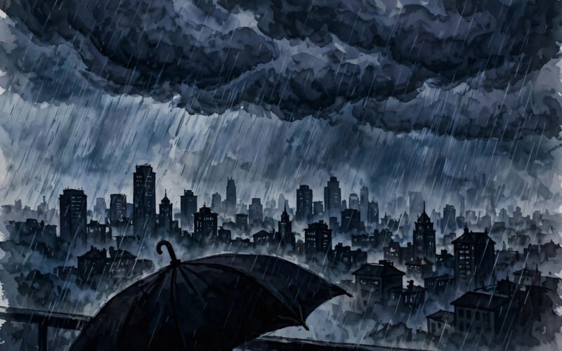 Illustration of dark monsoon clouds and heavy rain over a city skyline with an umbrella silhouette
