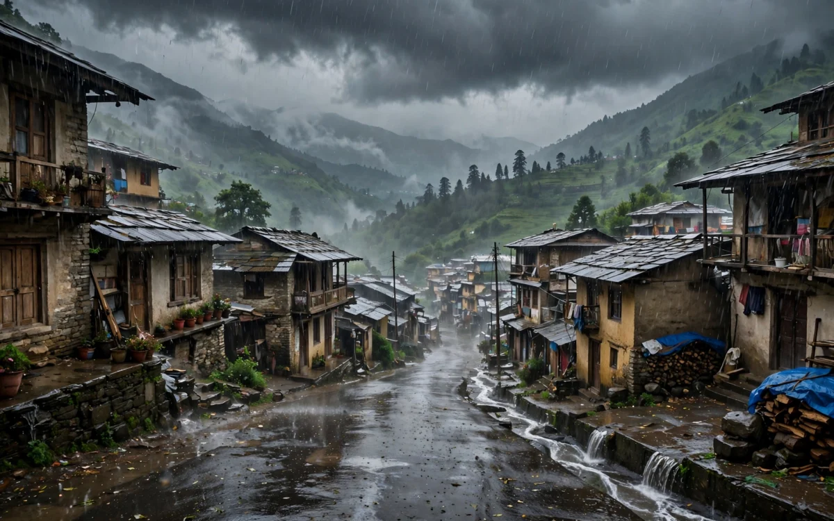 Heavy monsoon rain falls over a Himalayan mountain town.