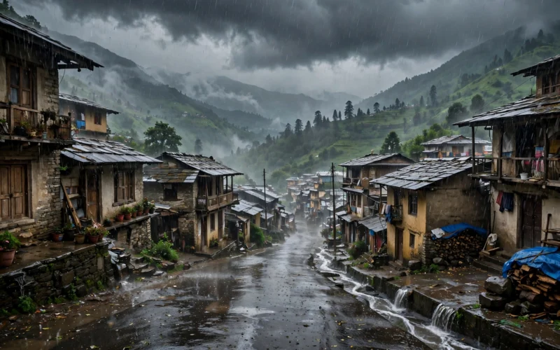 Heavy monsoon rain falls over a Himalayan mountain town.