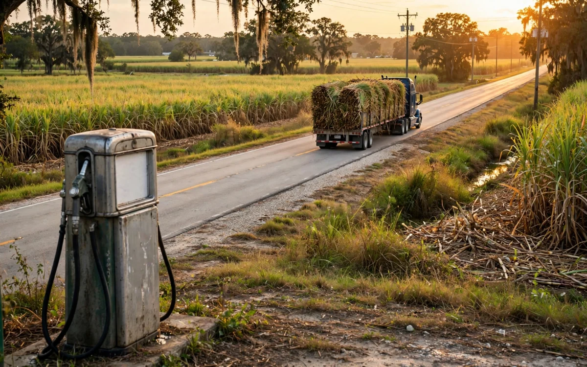 Tractor-trailer hauling sugarcane on a Louisiana highway