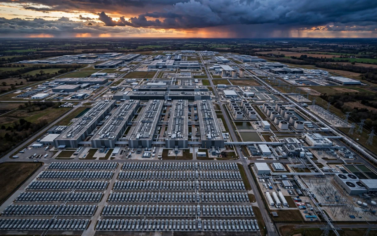 Aerial view of a large data center campus