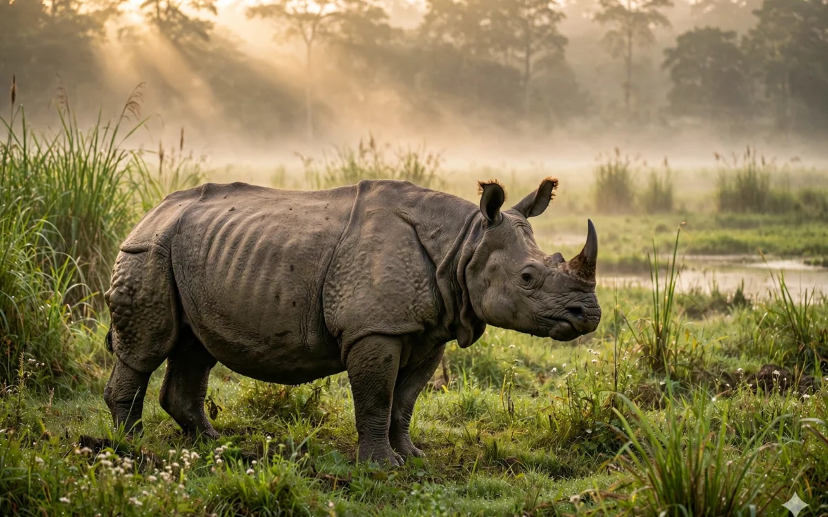 A greater one-horned rhinoceros in tall grass at Kaziranga National Park