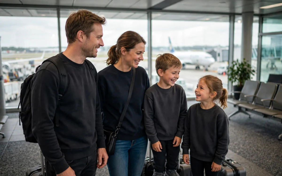 Family standing at an airport departure gate