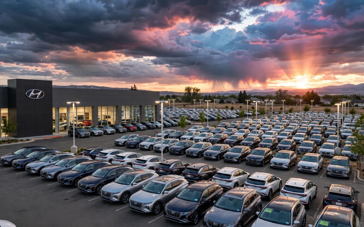 Row of new Hyundai cars at a dealership at sunset