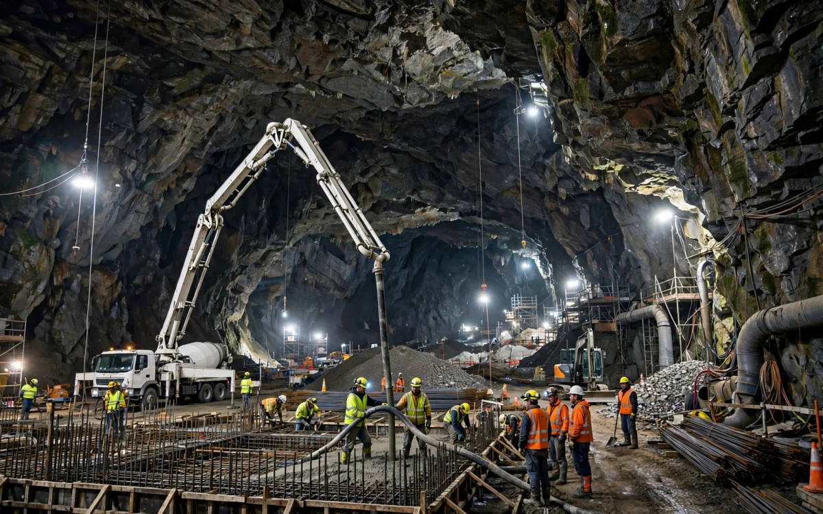 Underground cavern construction at Snowy 2.0 with concrete pouring