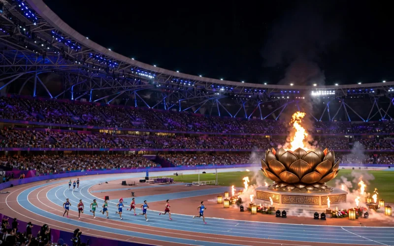 A lit athletics stadium at night with the Asian Games cauldron flame burning.