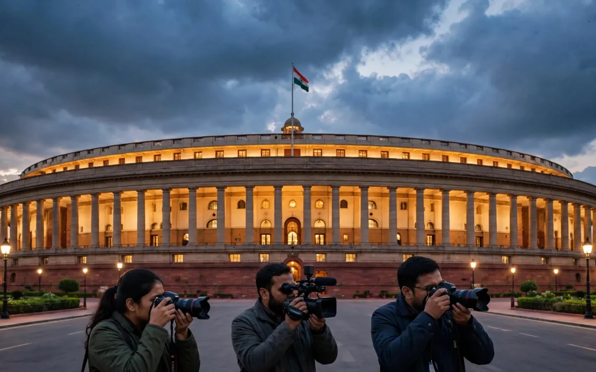 Indian Parliament building at dusk during a political debate