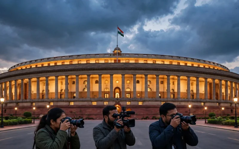 Indian Parliament building at dusk during a political debate