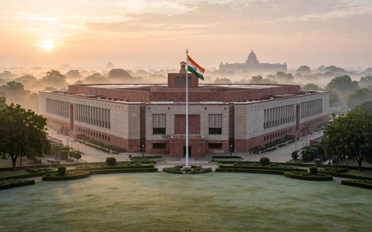 Indian Parliament-style building in New Delhi at sunrise
