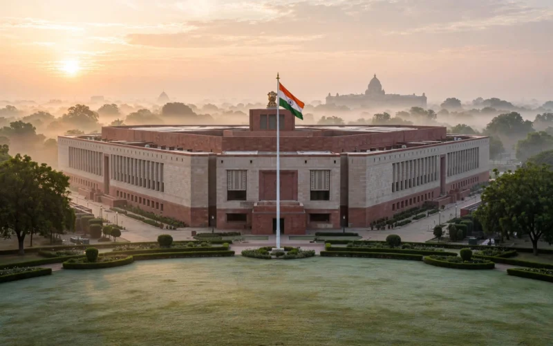 Indian Parliament-style building in New Delhi at sunrise