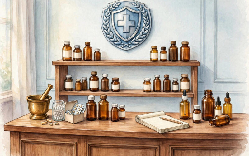 Illustration of a pharmacy counter with medicine bottles and a regulation shield icon