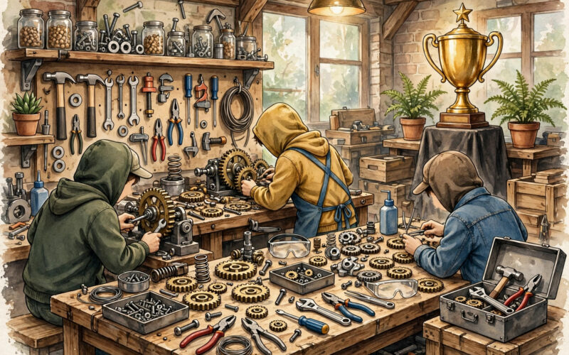 Illustration of young workers at workshop benches with tools and a trophy in the background