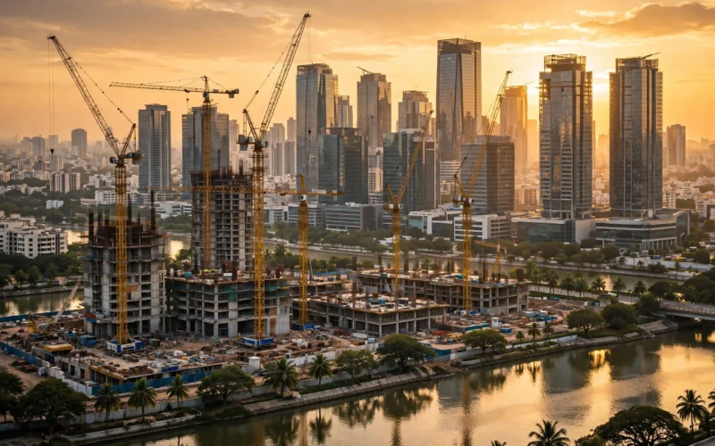 Modern Indian city skyline with construction cranes and office towers at golden hour.
