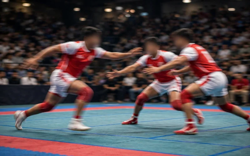 Kabaddi players mid-raid during an indoor match
