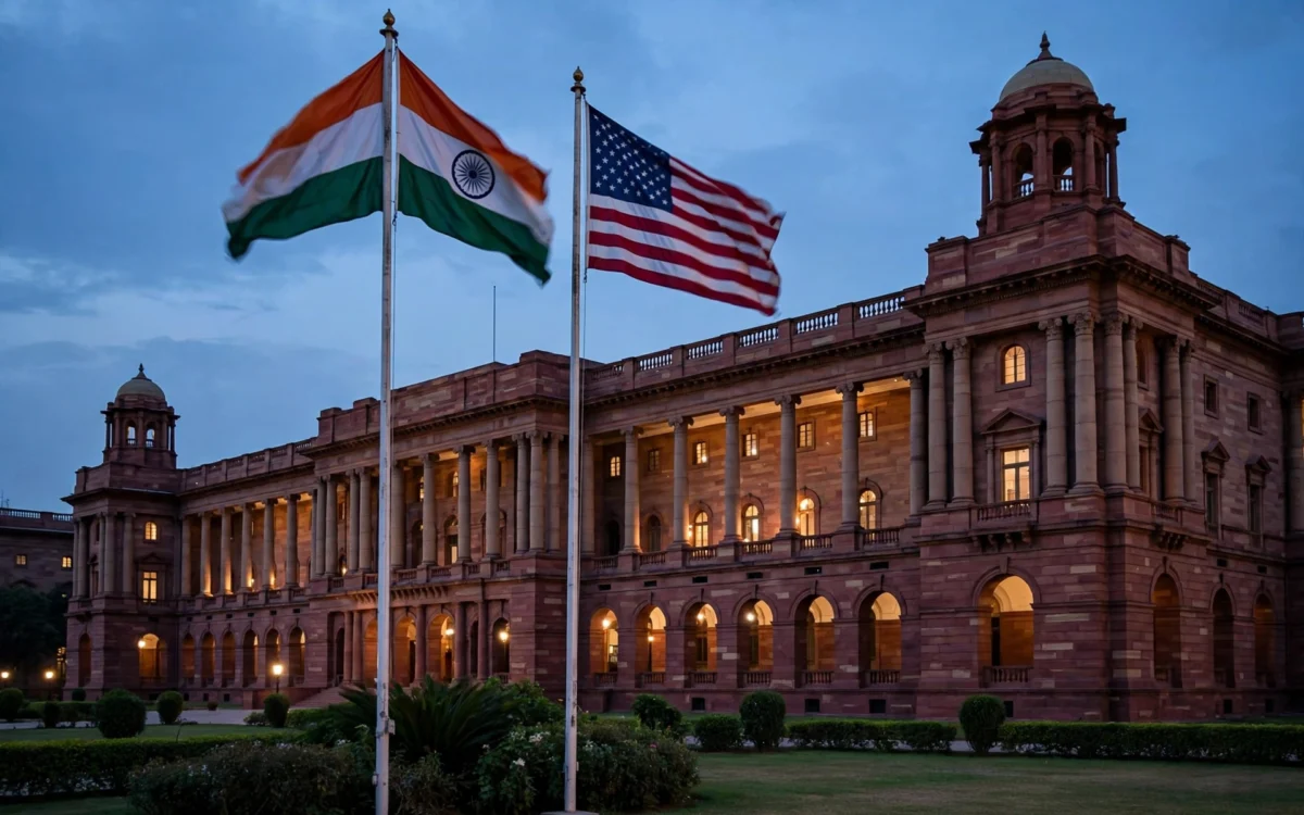 Government ministry building in New Delhi at dusk with Indian and United States flags flying side by side.
