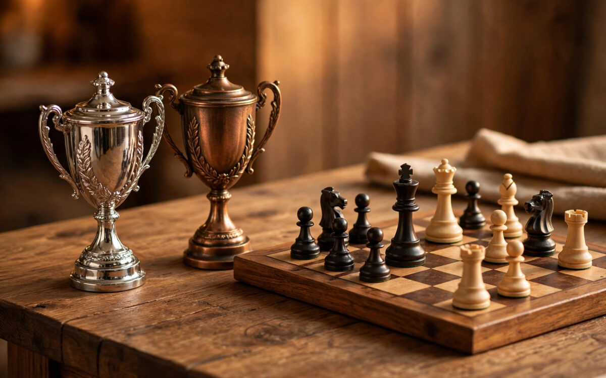 Silver and bronze trophies beside a chessboard with chess pieces