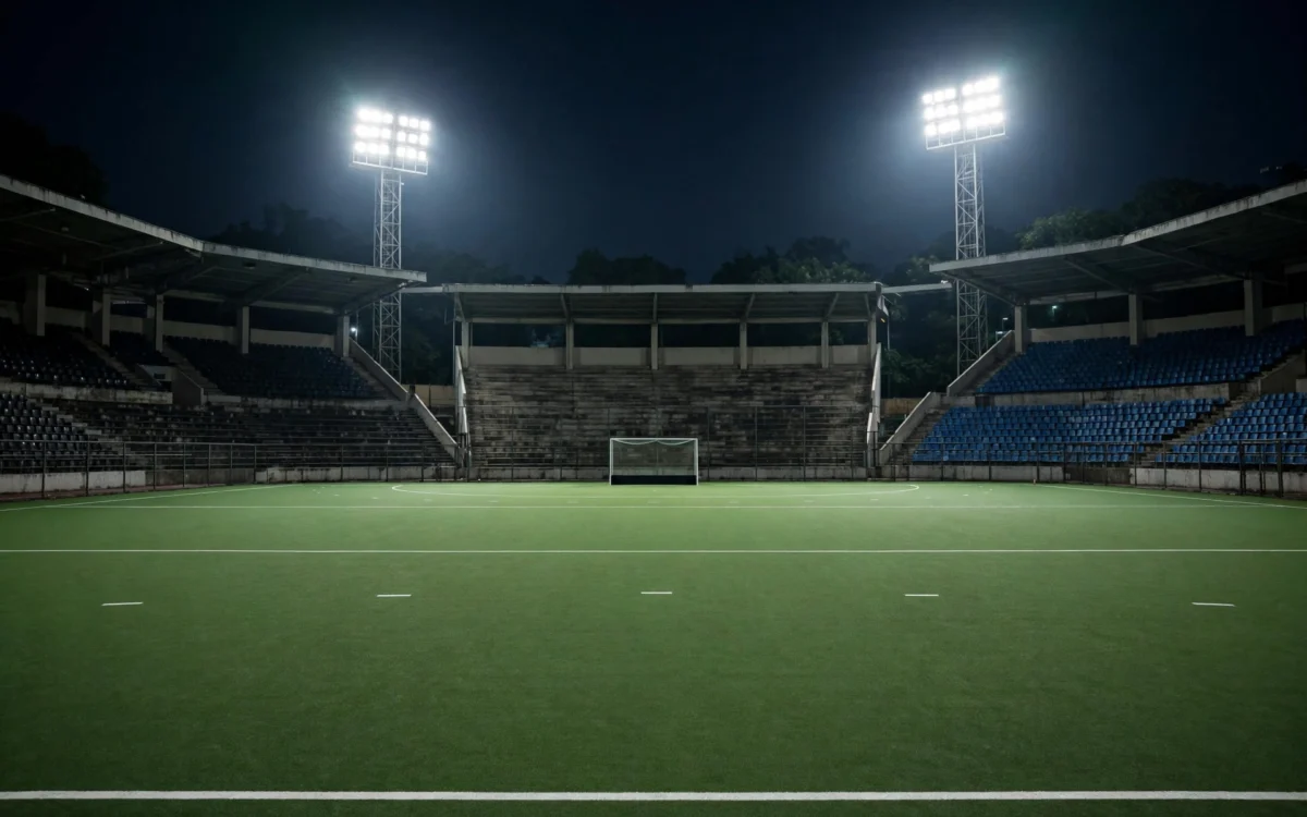 Empty field hockey stadium in India at night under floodlights with green turf and goalposts.