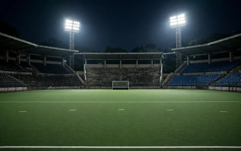 Empty field hockey stadium in India at night under floodlights with green turf and goalposts.