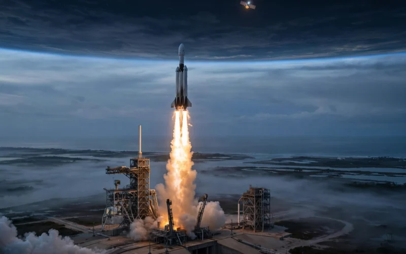 Rocket lifting off at dawn from a launch pad with a small glowing satellite visible above Earth's horizon.