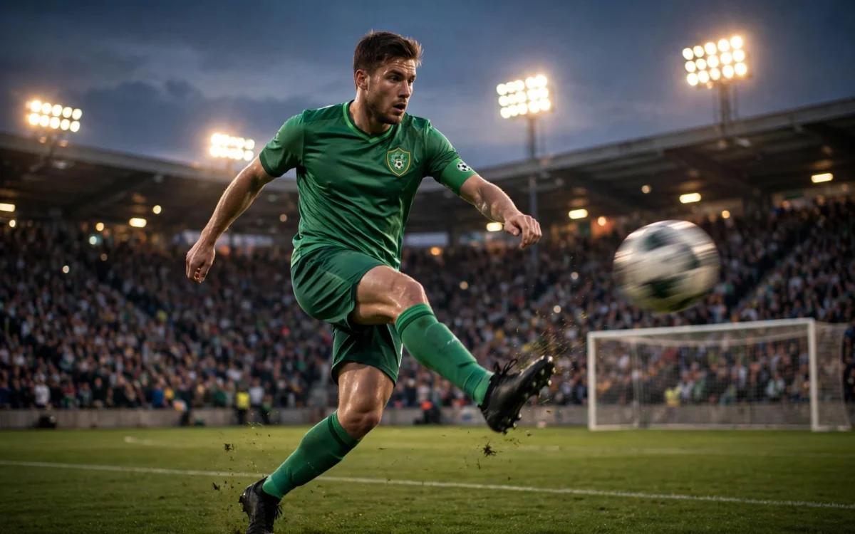 An Ireland footballer in green striking the ball toward goal in a floodlit stadium.