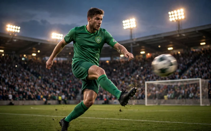 An Ireland footballer in green striking the ball toward goal in a floodlit stadium.