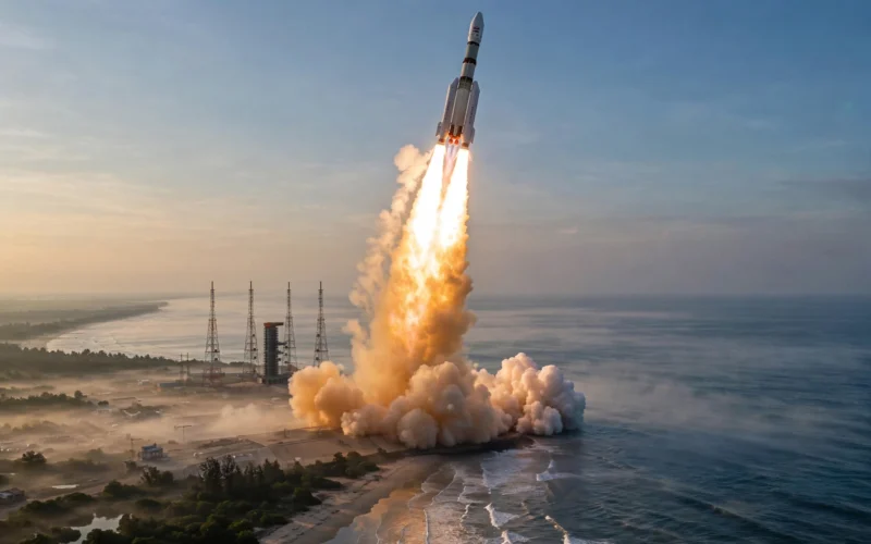 A PSLV rocket lifting off from Sriharikota at dawn with a bright exhaust plume.