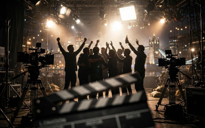 Film set in London with cameras and lights, crew celebrating